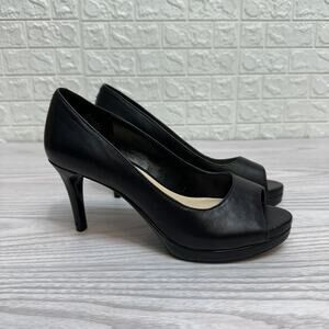 Nine West Caciao Leather Pumps Women's 6M Black Peep Toe Heels Slip On Corporate